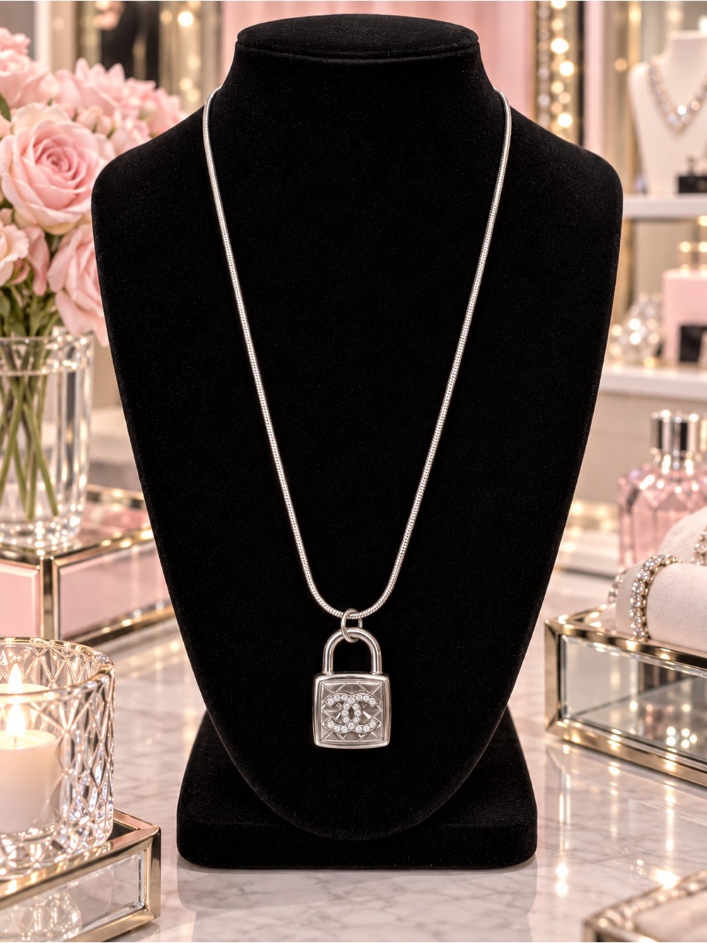 Silvertone Faux Padlock Pendant & Necklace